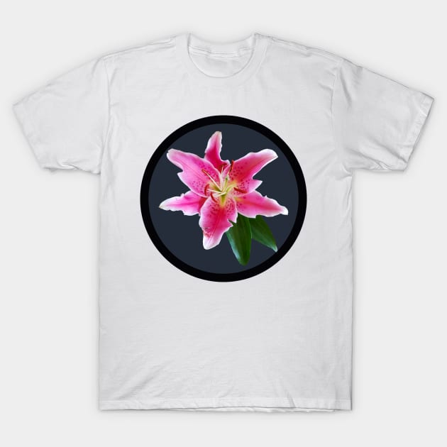 Pink Stargazer Lily Flower Circle Frame T-Shirt by ellenhenryflorals